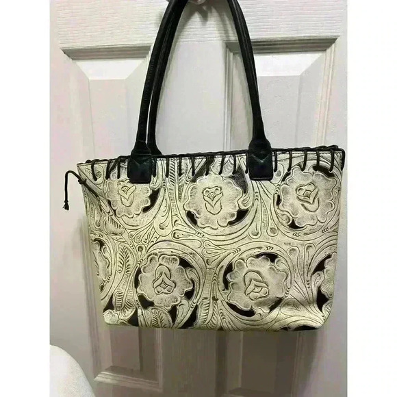 Berge Floral Leather Tooled Bag/Purse Tan Black - Picture 1 of 11